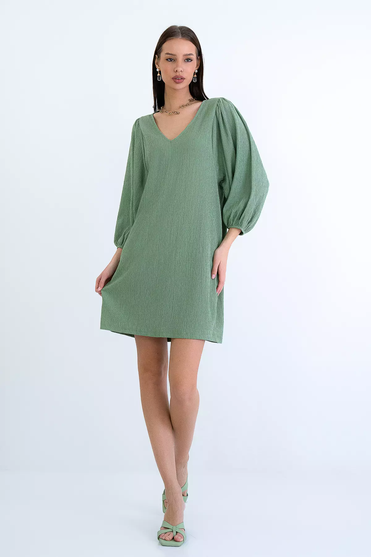 Khaki V-Neck Princess Sleeve Wrap Mini Dress Alc-X15160