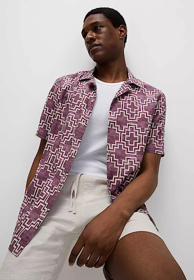 Linen Blend Geometric Print Short Sleeve Shirt