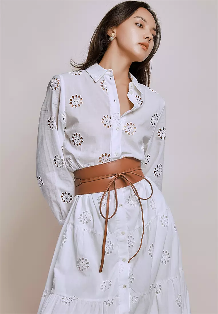 Karis 女性宽版皮质腰带，束腰设计，配有收腰束带 - 棕色