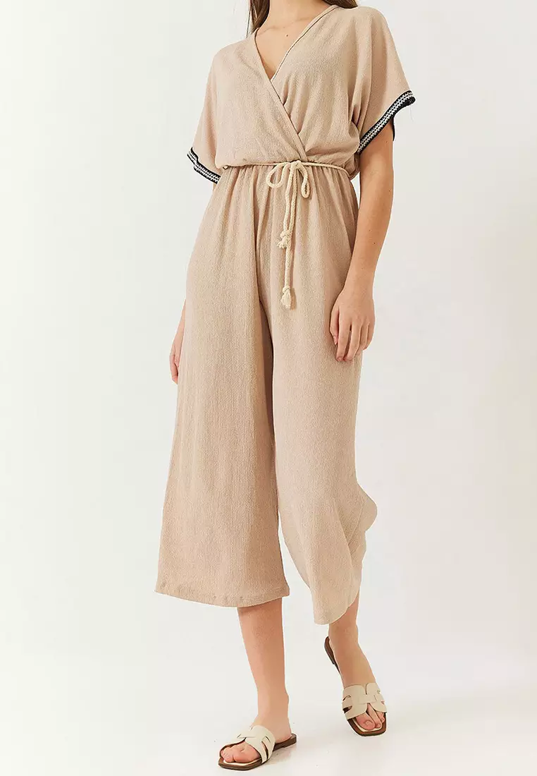 Women's Double Breasted Collar Sleeve Detail Elastic Waist Belted Crinkle Jumpsuit 60261418