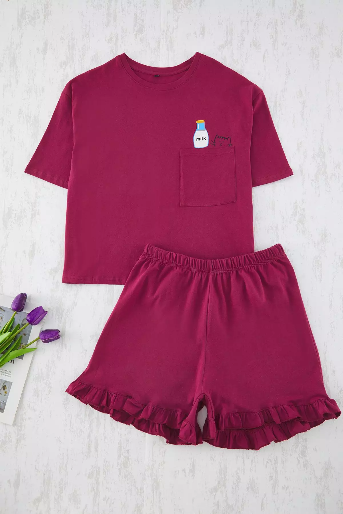 Burgundy Ruffle Printed Shorts Knitted Pajama Set THMSS22PT0422