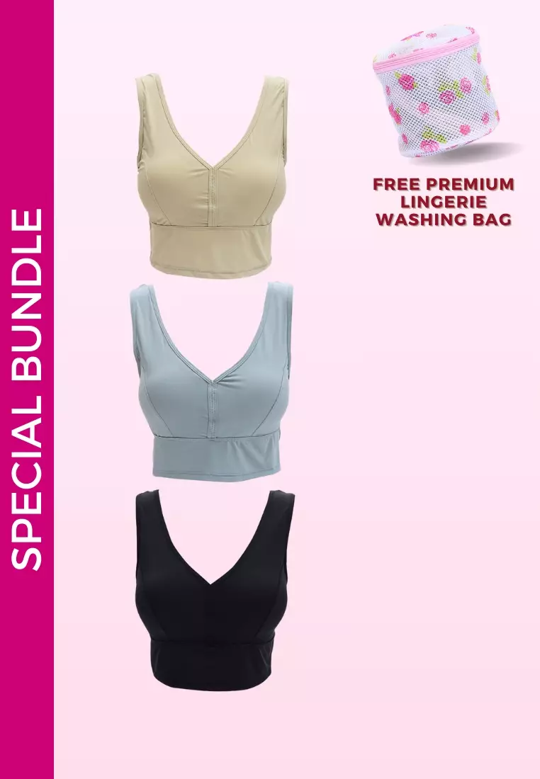 3 Pack Premium Summer Seamless Plus Size Bralette Top in Nude, Blue and Black