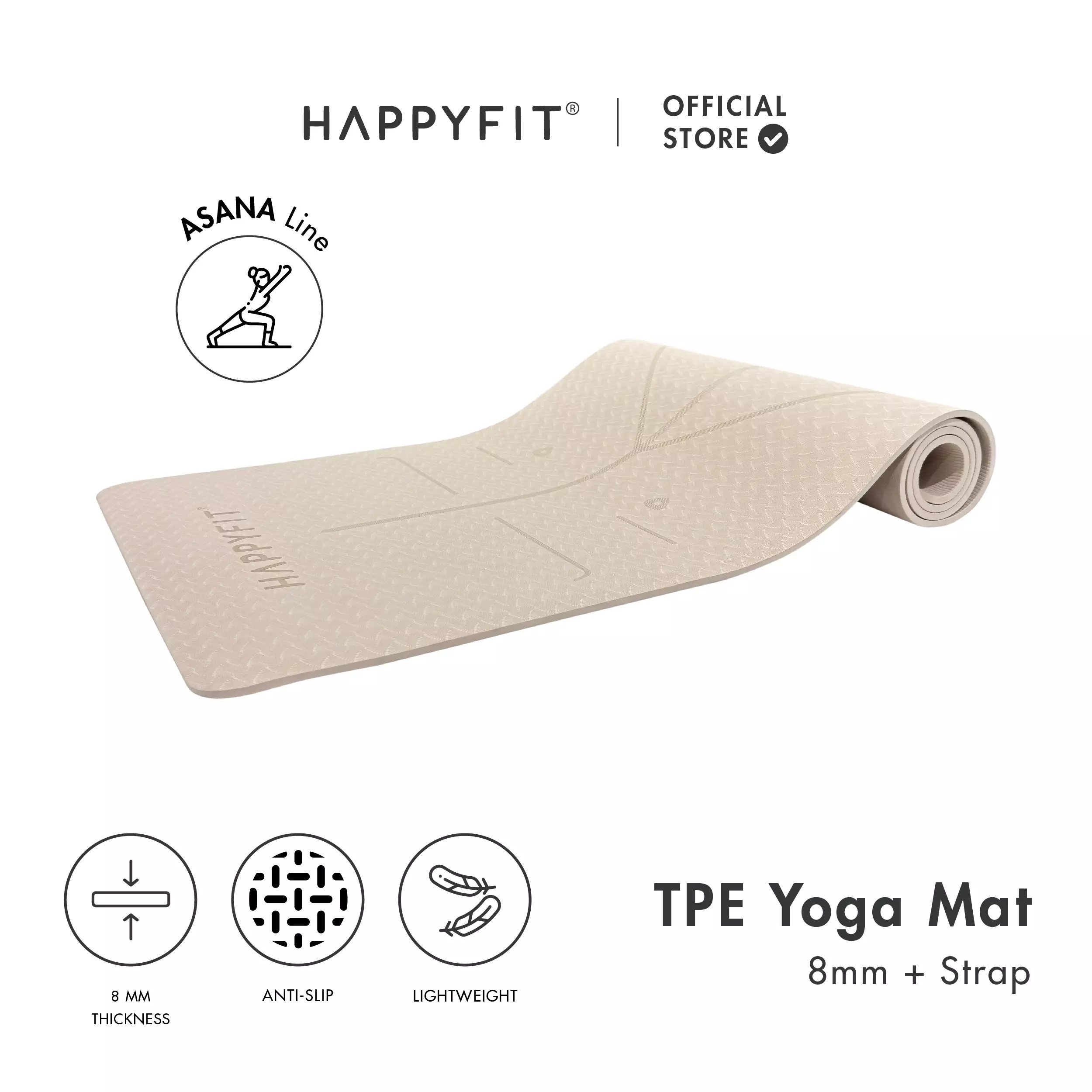 HAPPYFIT - Yoga Mat Asana TPE 8mm Eco Friendly (FREE STRAP) / Matras Yoga / Matras Olahraga / Matras TPE Beige