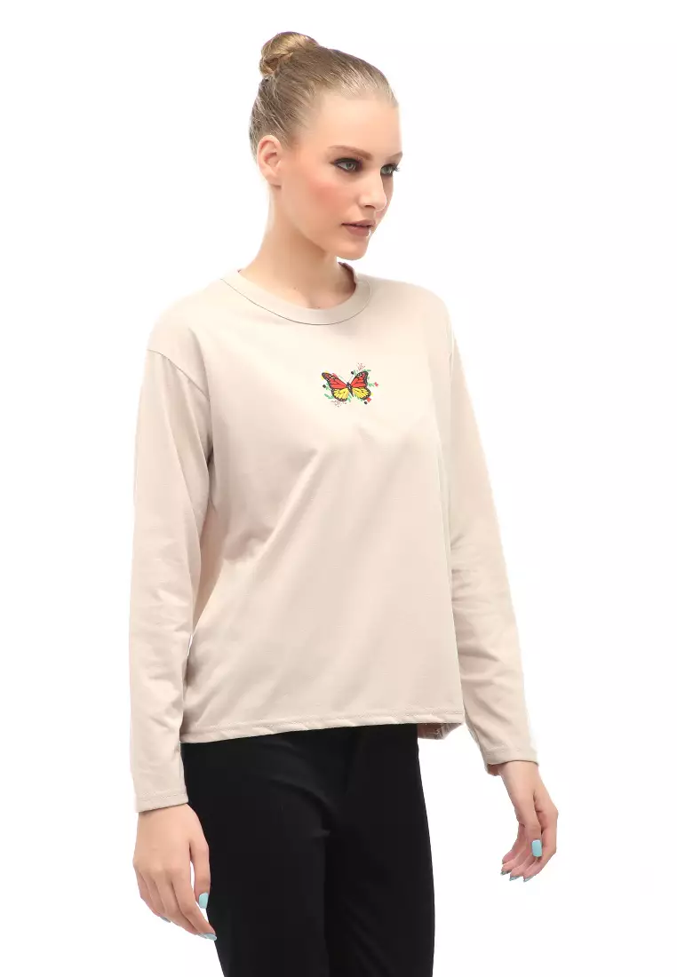 Dreama Kaos Oversized Long Sleeves Atasan Wanita Relaxed Fit - Bepan Flower Butterfly