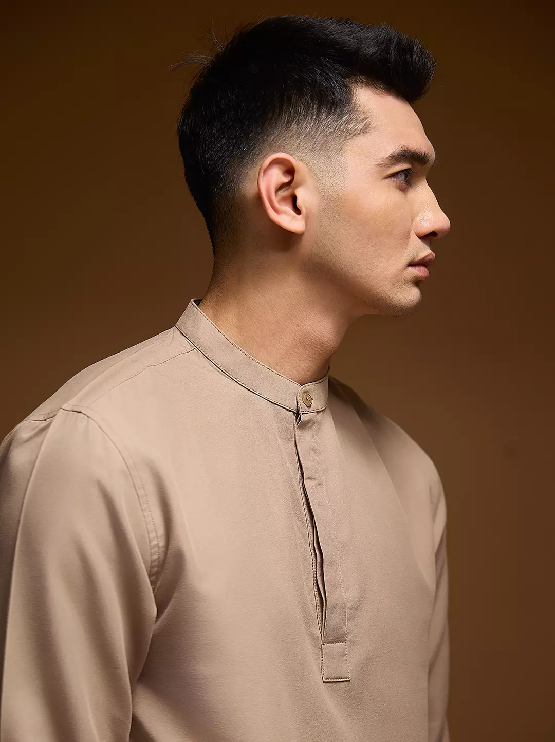 OXCON Kemeja koko Tangan Panjang Collarless Azfar Mocca