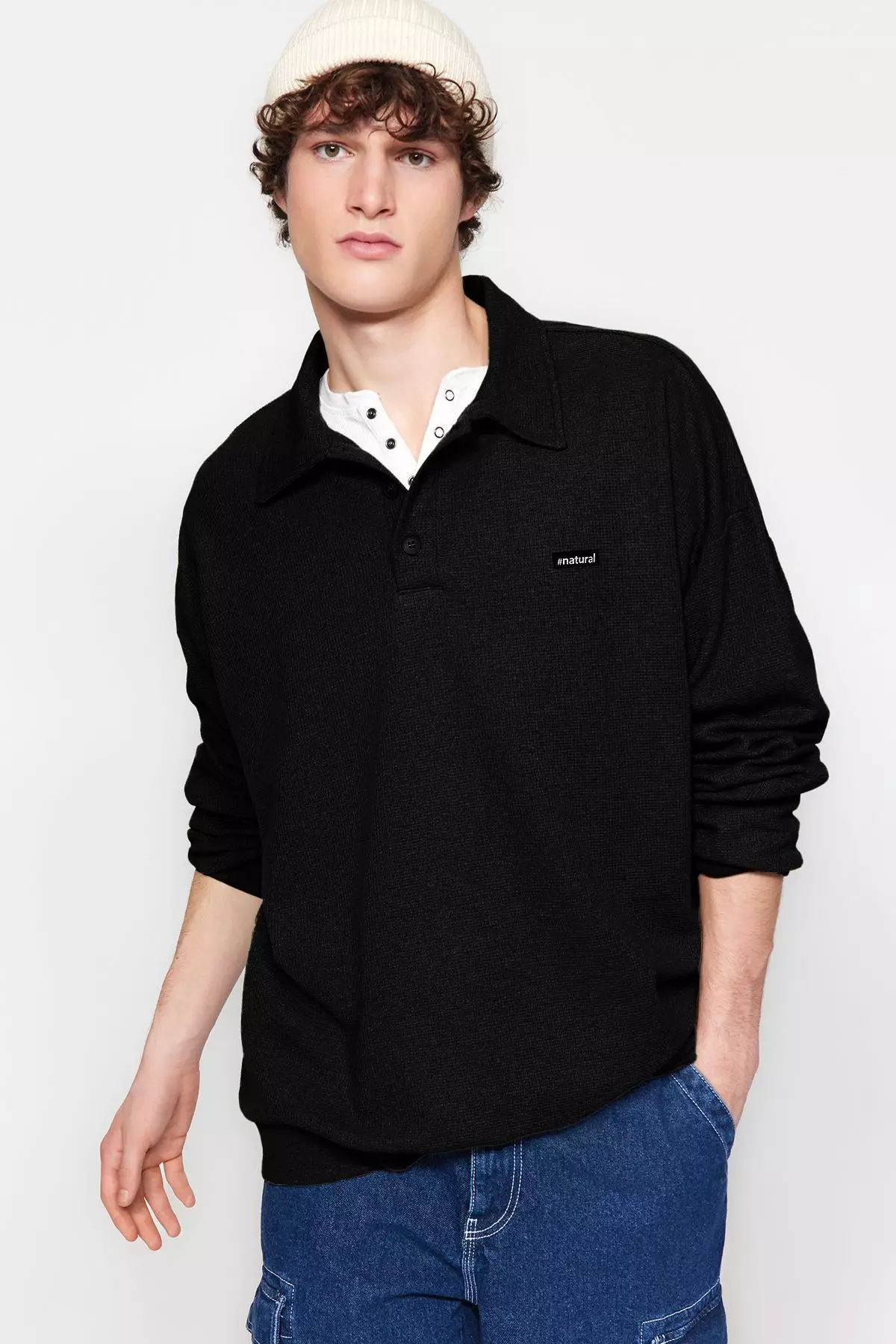 Black Oversize/Wide Cut Labeled Textured Polo Collar Non-raised Sweatshirt TMNAW24SW00224