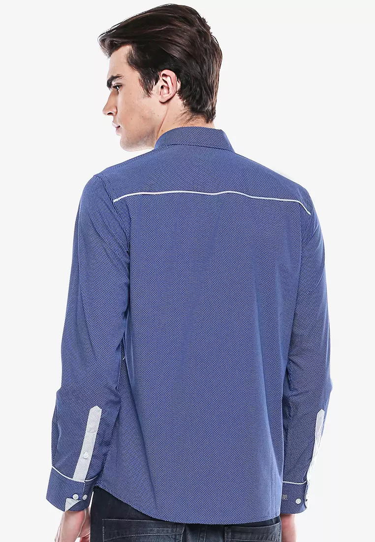 Johnwin - Regular Fit - Kemeja Formal - Biru - Motif Polkadot - Lengan Panjang.