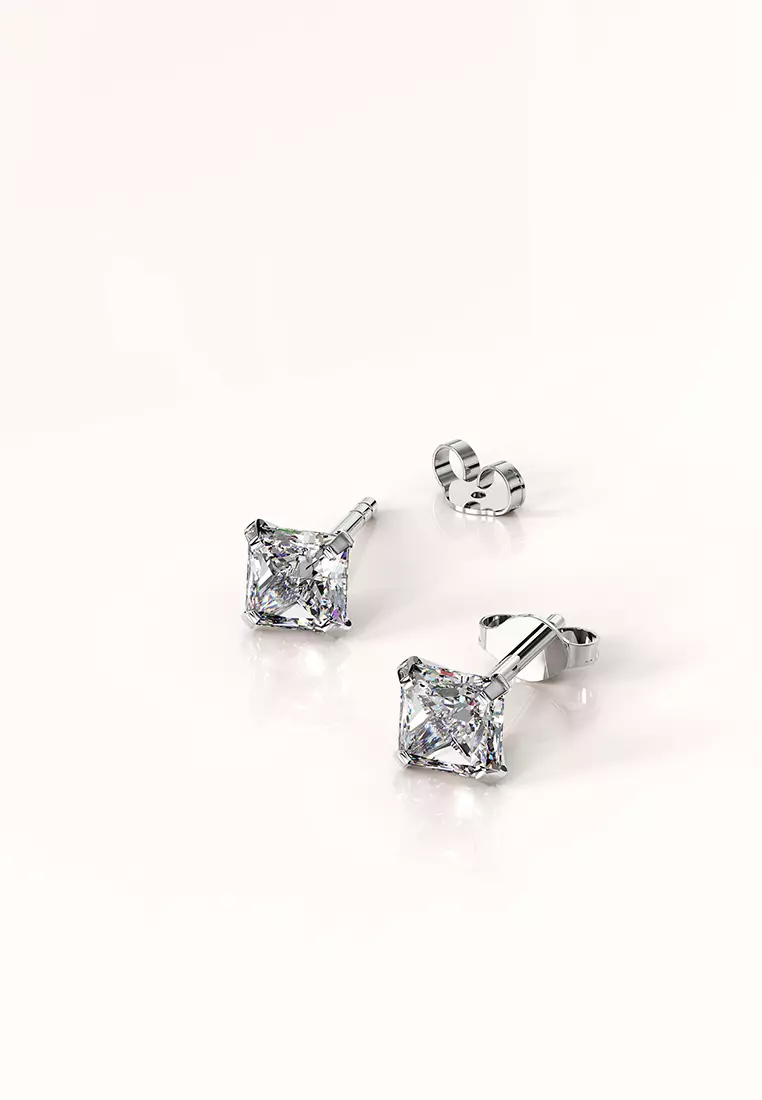 Solid 925 Sterling Silver Princess Cut Stud Earrings