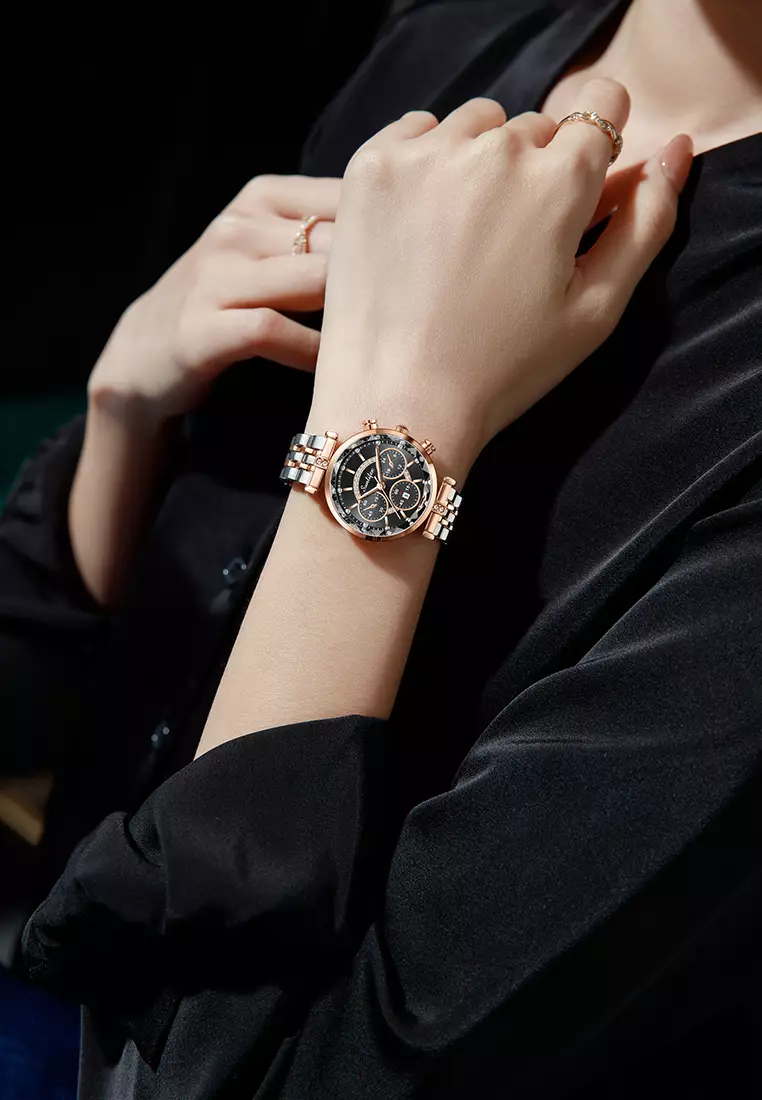 Jam Tangan Wanita Original B005 Kalendar Anti Air Berlian Kuarsa Tali Stainless Steel Jam Tangan Cewek roseblack