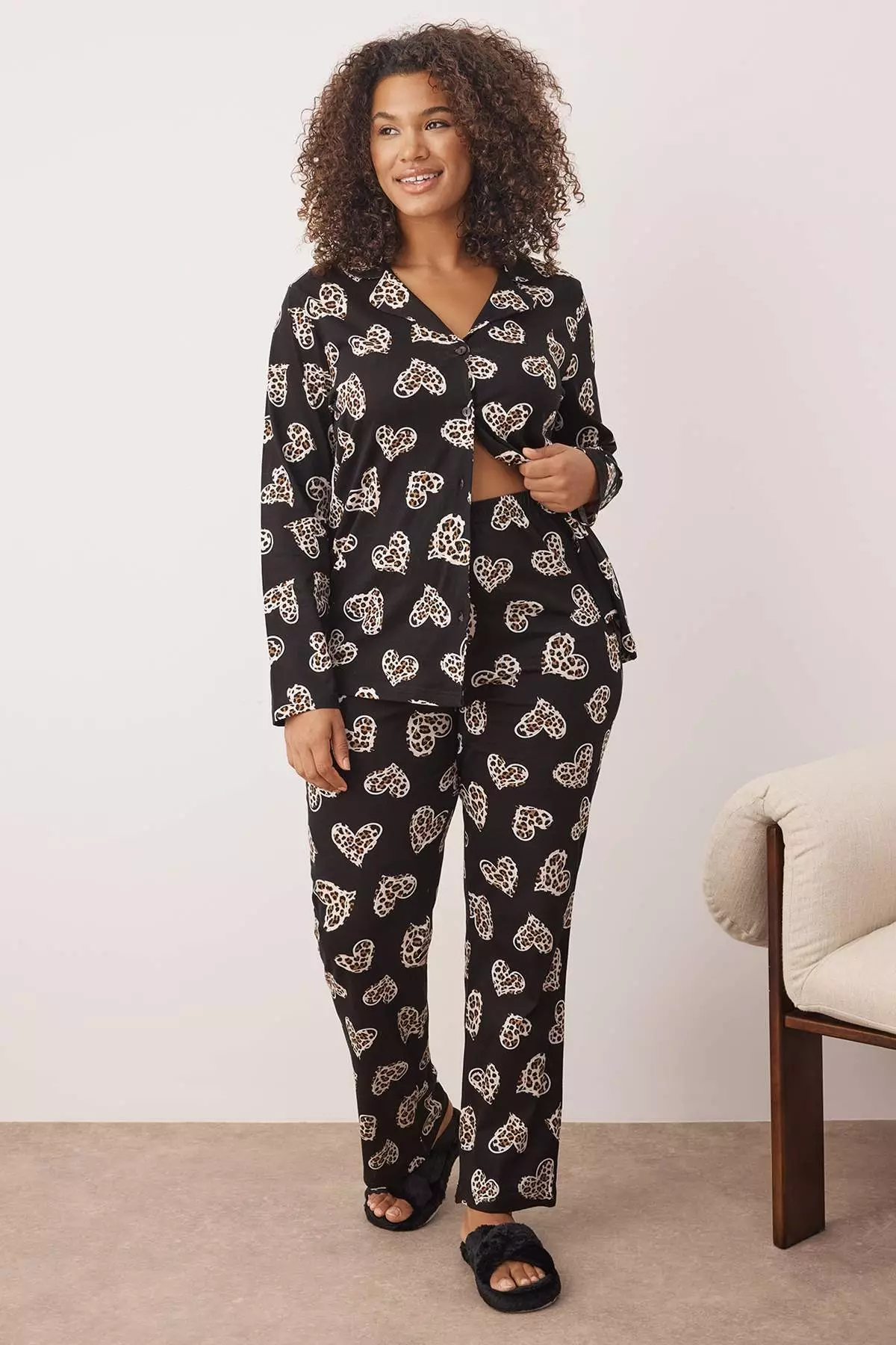 Black 100% Cotton Heart & Leopard Patterned Shirt-Pants Knitted Pajama Set Tbbaw26Ai00017