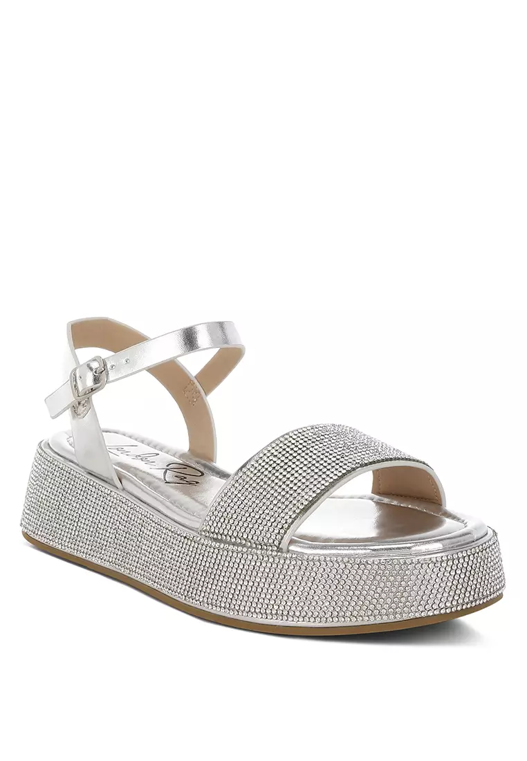 Sandal Platform Berhias Berlian Imitasi Warna Perak