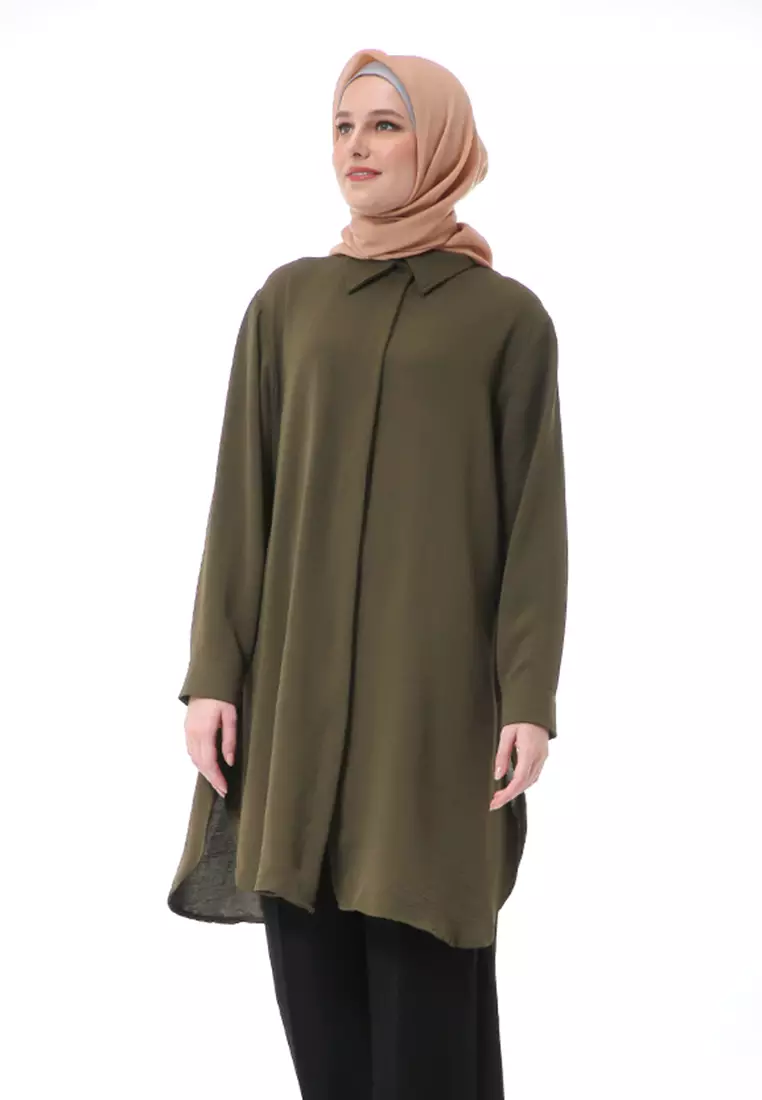 Azzahra Tunik Panjang Muslimah Wanita Long Sleeve Regular Fit Premium High Quality - Army