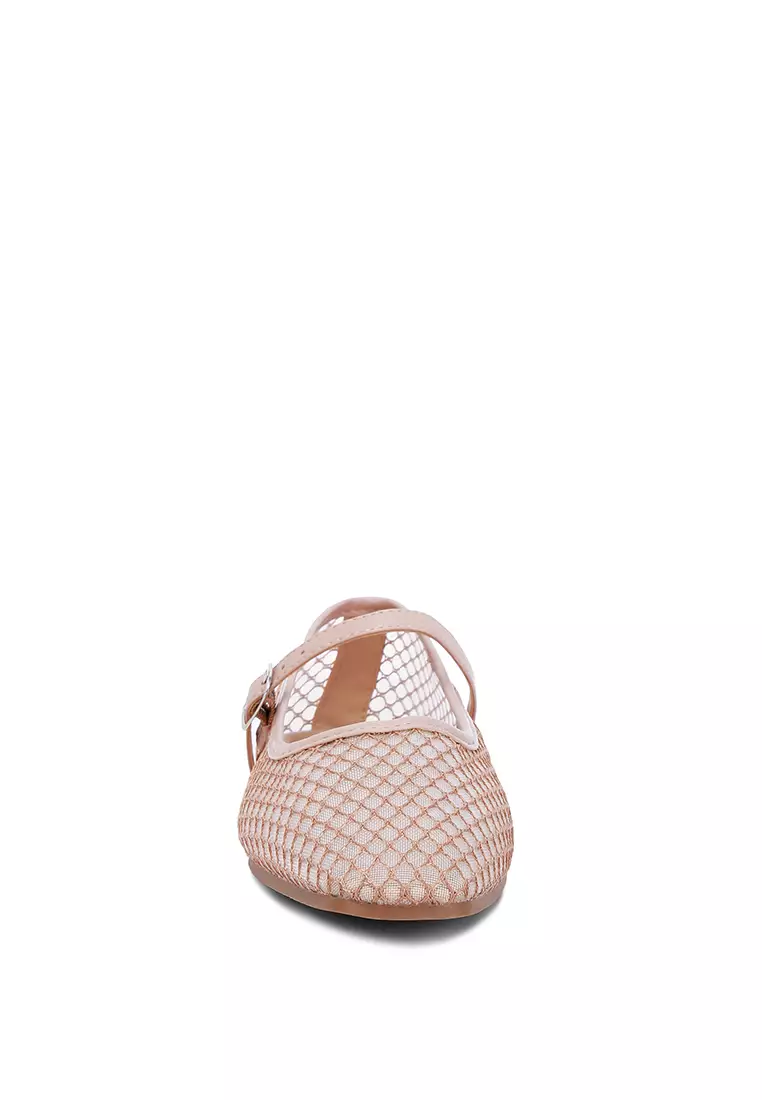 Mesh Mary Jane Flats in Camel