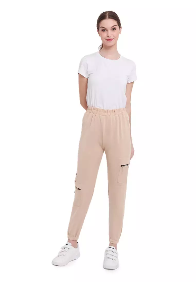 Levana Celana Jogger Zipper Long Pants Rubbery Waist Bawahan Wanita - Cream