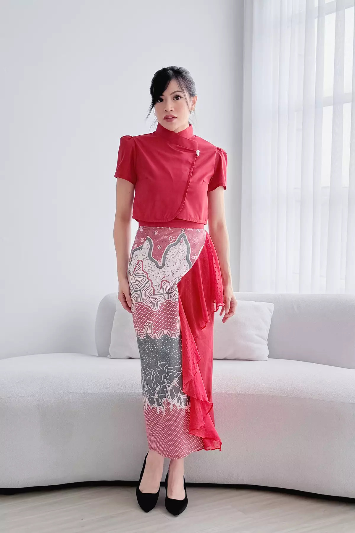 Andhika Frills Batik Arunika Rouge Wrap Skirt Red Tulle Sarong Rok Lilit Batik