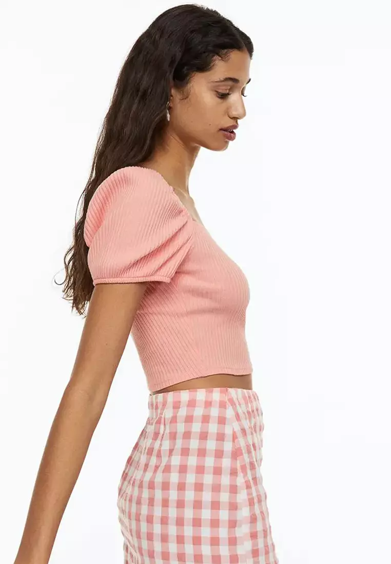 Puff-Sleeved Ribbed Top