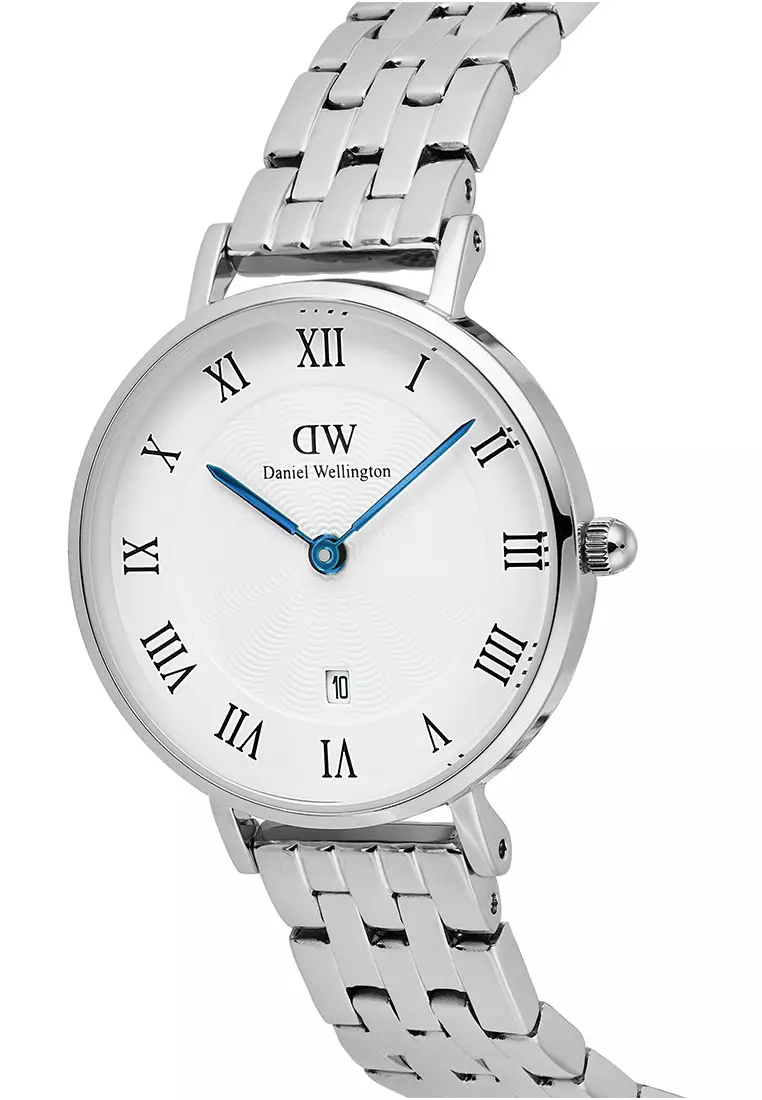 Petite 28mm Roman Numerals Date 5-Link White Silver Women Watch stainless steel watch DW Official Authentic Original jam tanggan perempuan DW jam tangan