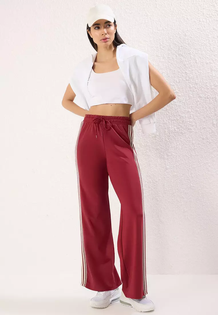 Maroon Striped Diver/Scuba Fabric Sports Knitted Sweatpants THMSS25EA00006