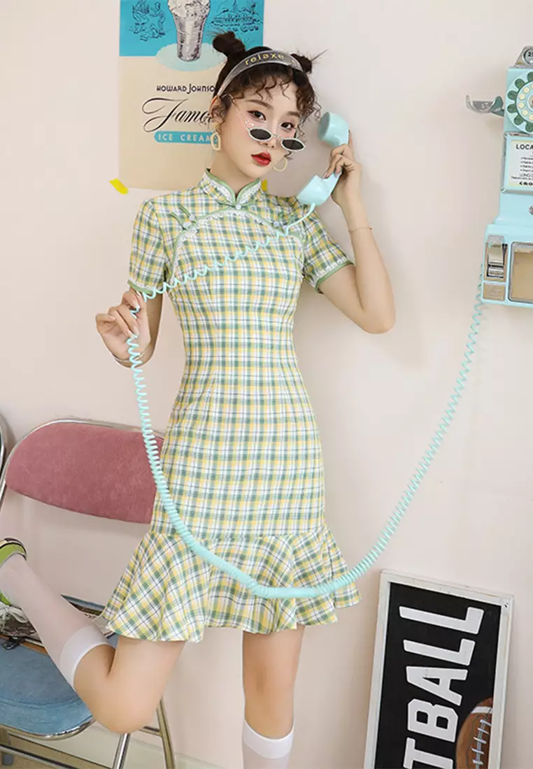 時尚優雅格紋清新旗袍連衣裙CA122719GR