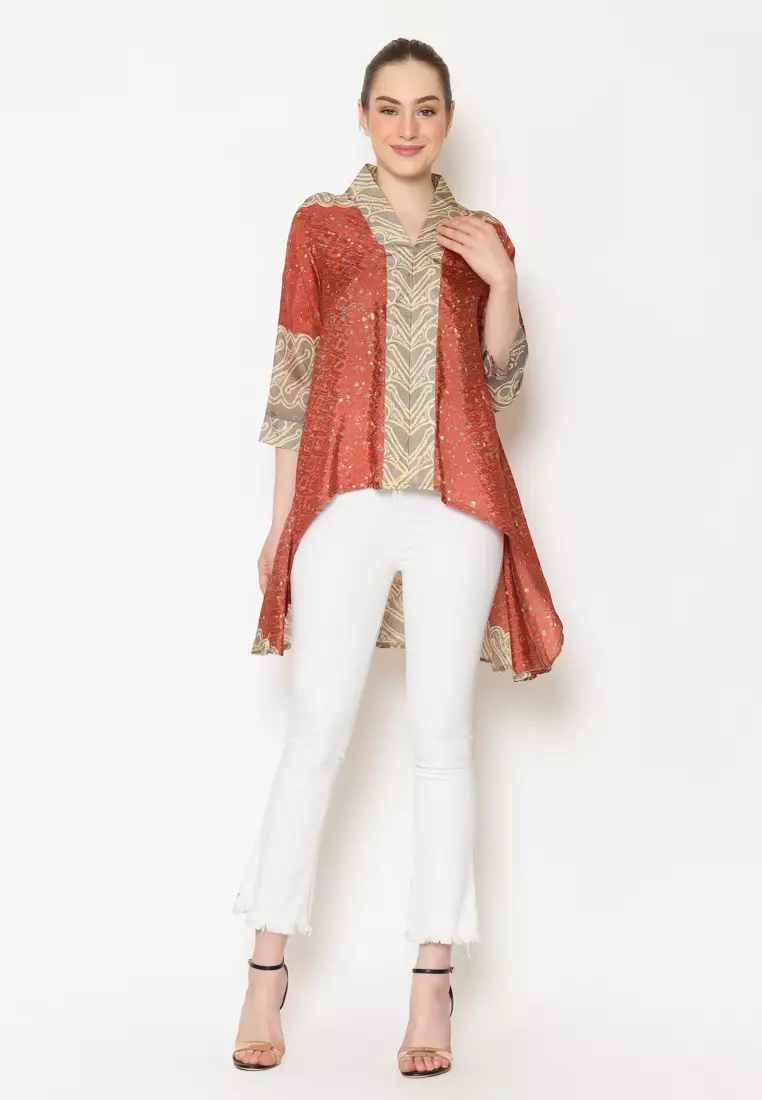 Rinjanie Batik - Blouse Batik Kalong Kerah Terracota - Batik Tuntrum mix Megamendung Modern - Blouse Batik Wanita Kekinian - Atasan Batik Wanita - Batik Kantor - Batik Cap - XSAU - TR
