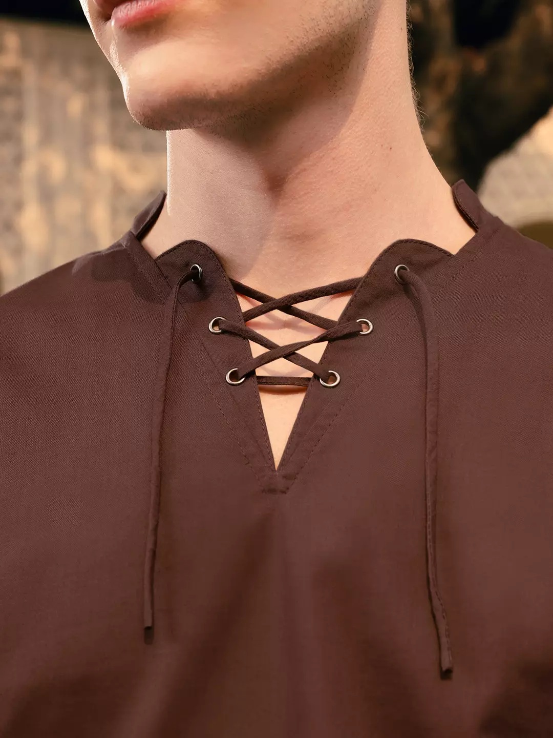 OXCON ZUHUD Kemeja koko Modern Linen Look Collarless Shirt Brown