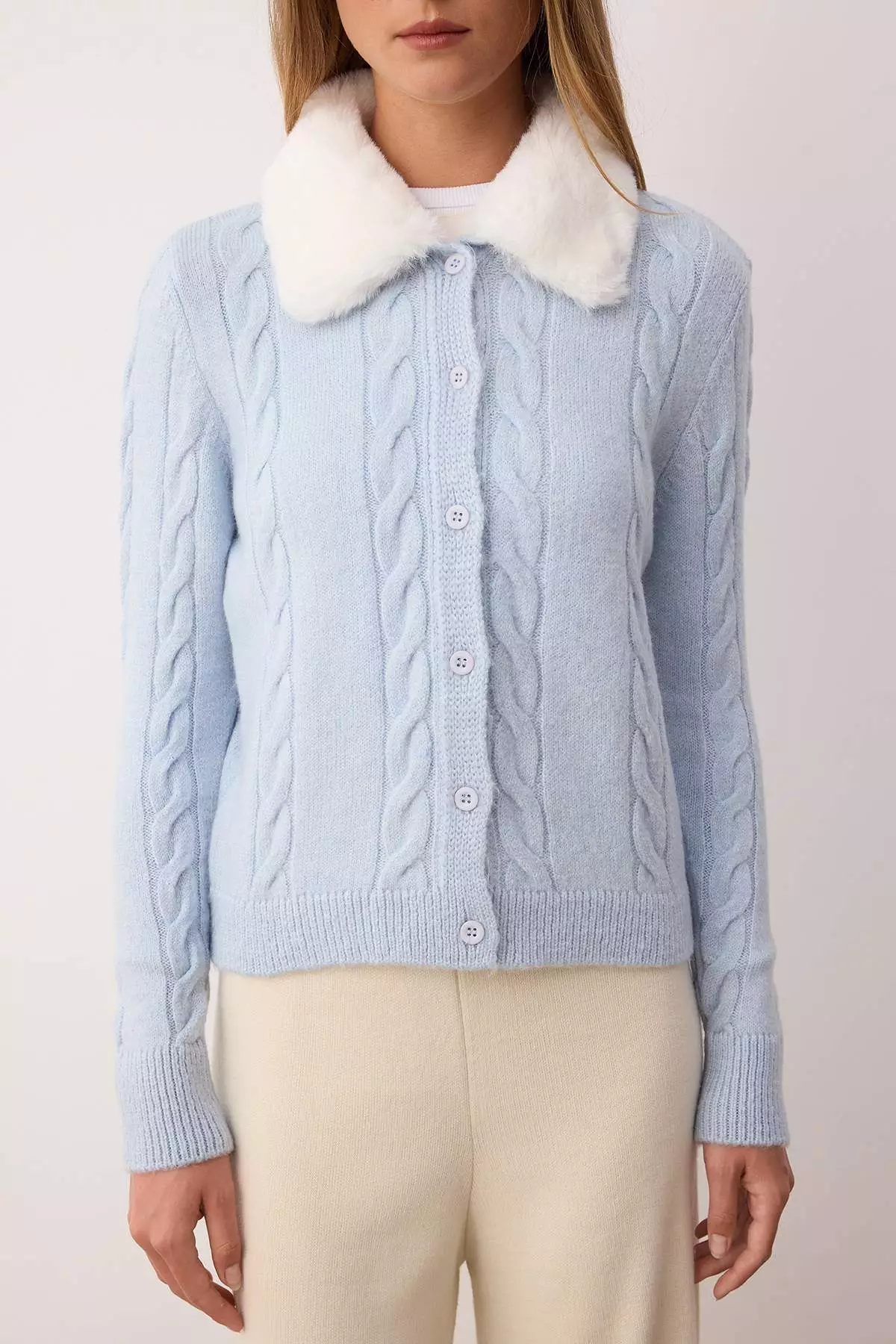 Blue Crop Fur Detailed Fitted/Body Wrap Knitwear Cardigan