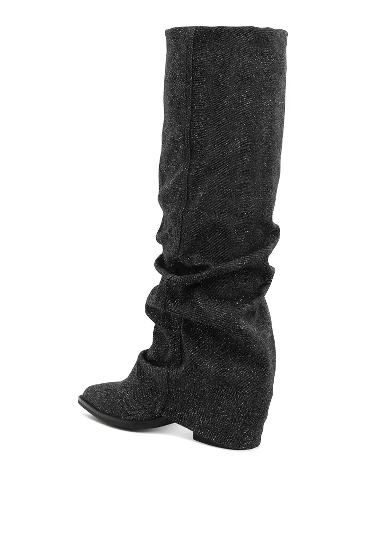 Fold-Over Slouchy Denim Boot in Black
