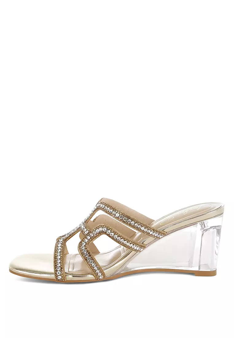 Metallic Rhinestone Clear Wedge Sandals In Gold