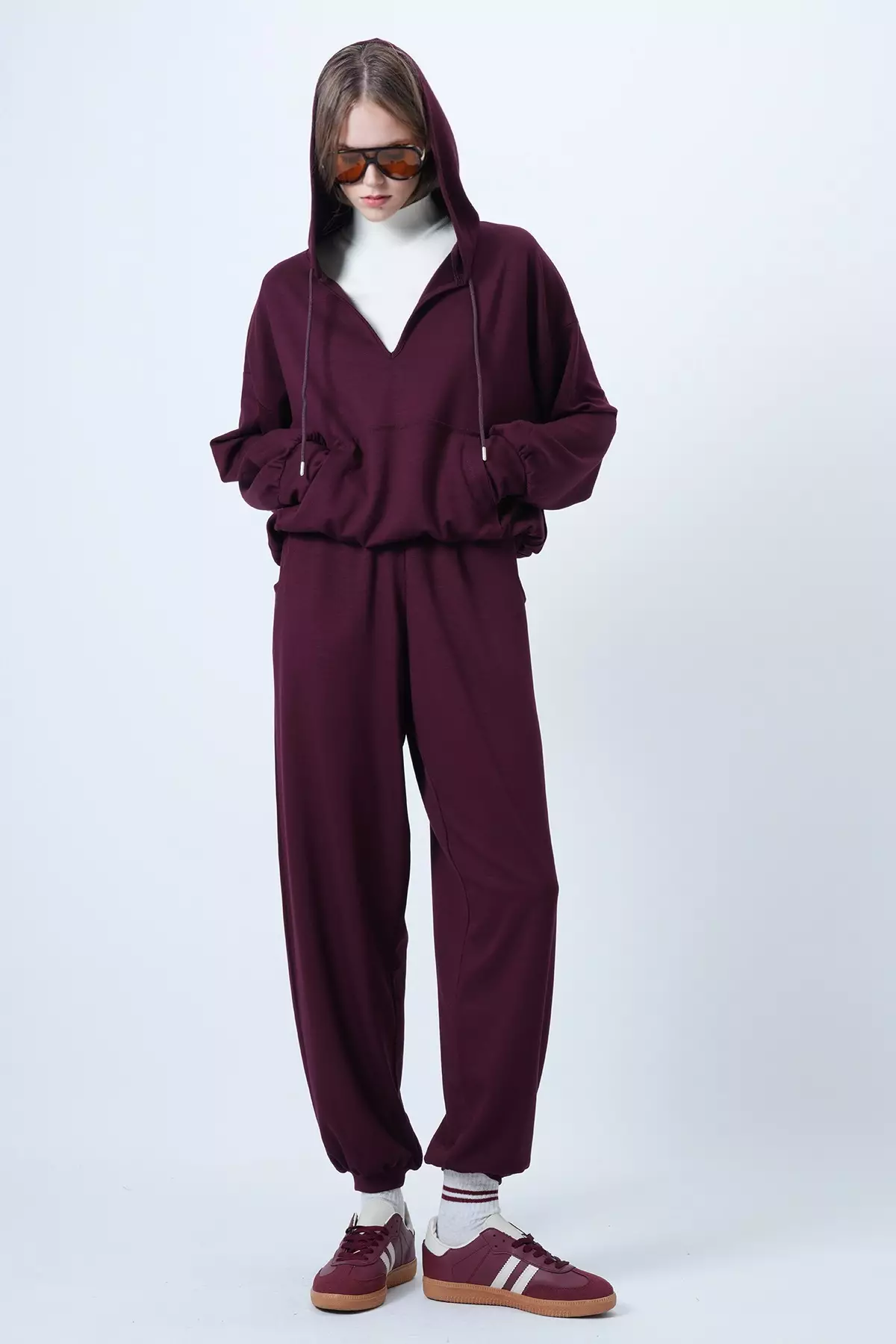 Burgundy Hooded V-Neck Oversize Modal Sweatshirt And Trousers Set Alc-X14646