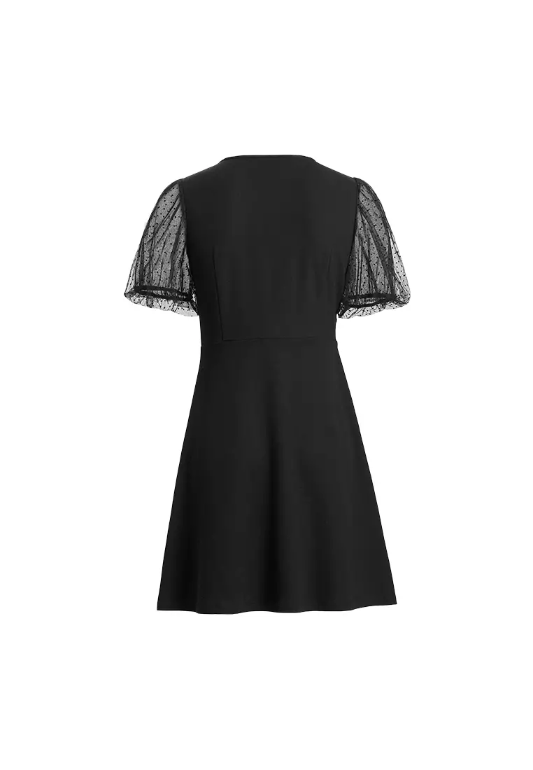 Polka Dot Puff Sleeve Design Midi Dress