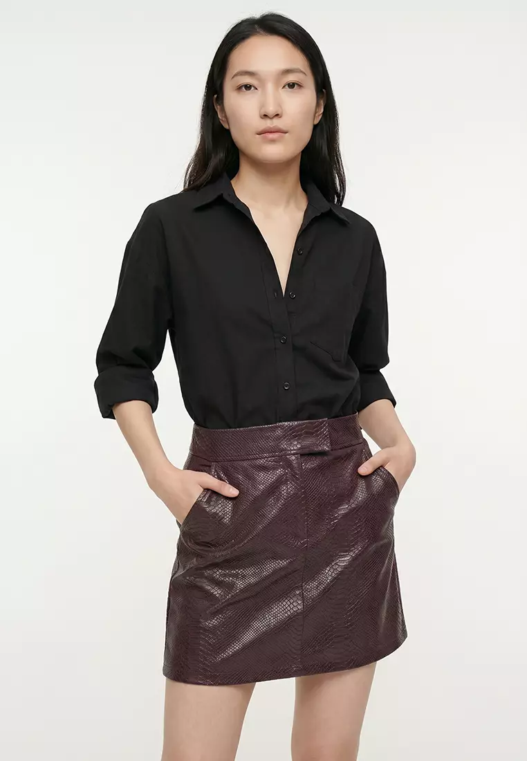 Dark Claret Red Premium A-Line Faux Leather Mini Woven Skirt TWOAW22ET0480