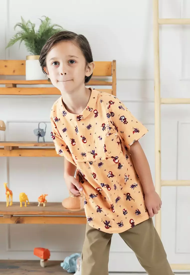 Kemeja Anak Laki Laki Lengan Pendek Katun Kerah Shanghai Mandarin Motif Superhero Collar Shirt 4439 Vensk Orange