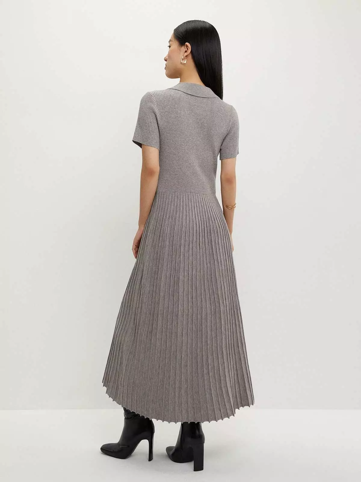 Buttoned Pleat Knit Dress - Mid Grey