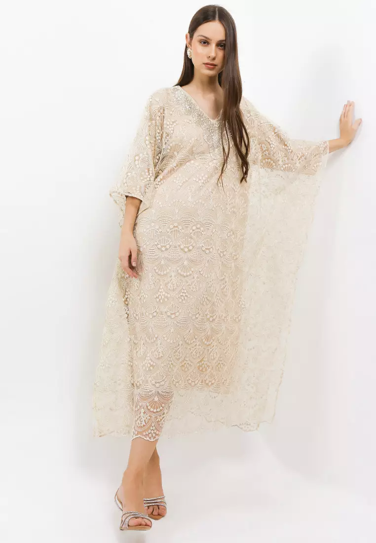 Embellished Gold Emb Tulle Batwing Kaftan