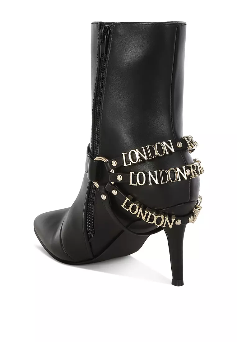 Sepatu bot stiletto detail tali kekang warna hitam