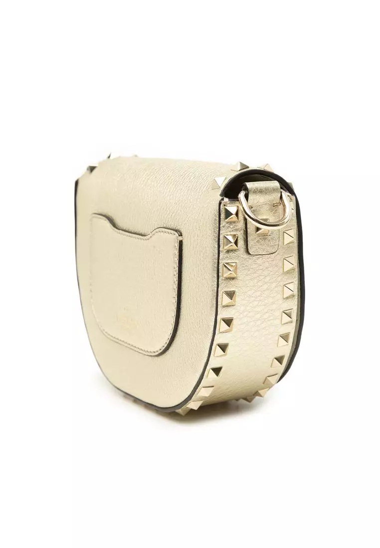 Pre-Loved Valentino Metallic Grained Calfskin Rockstud Saddle Crossbody