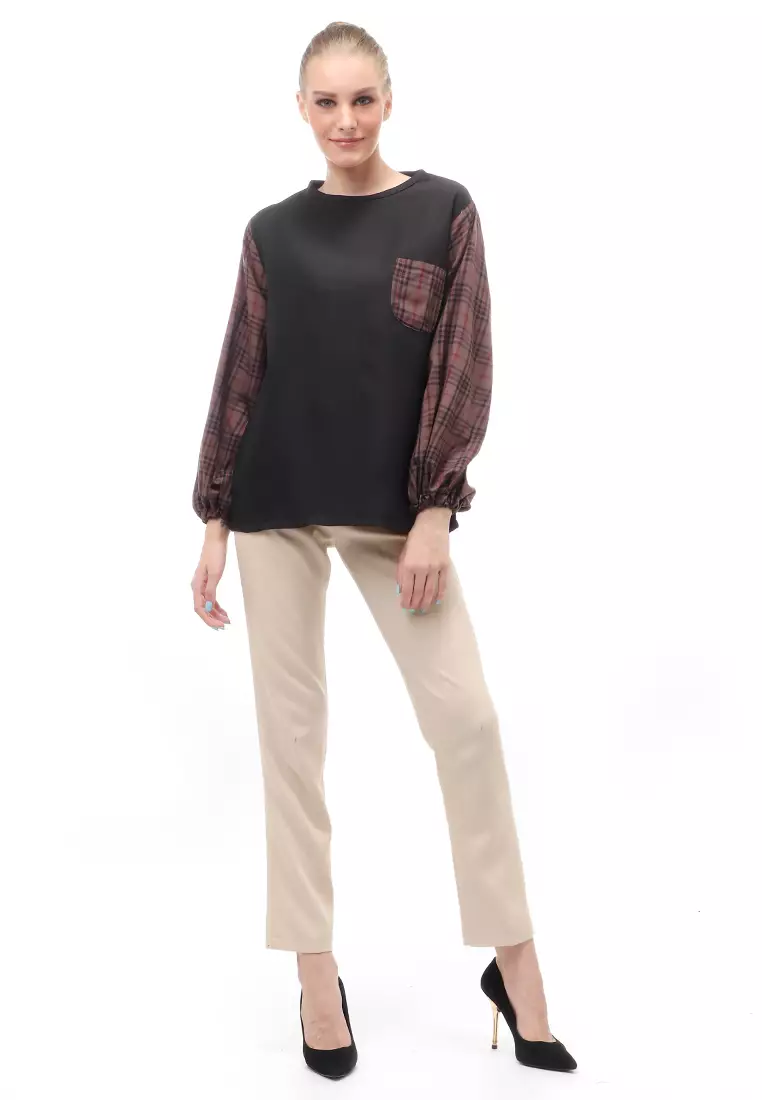 Shana Blouse Dual Tone Color Lengan Puff Atasan Wanita - Brown