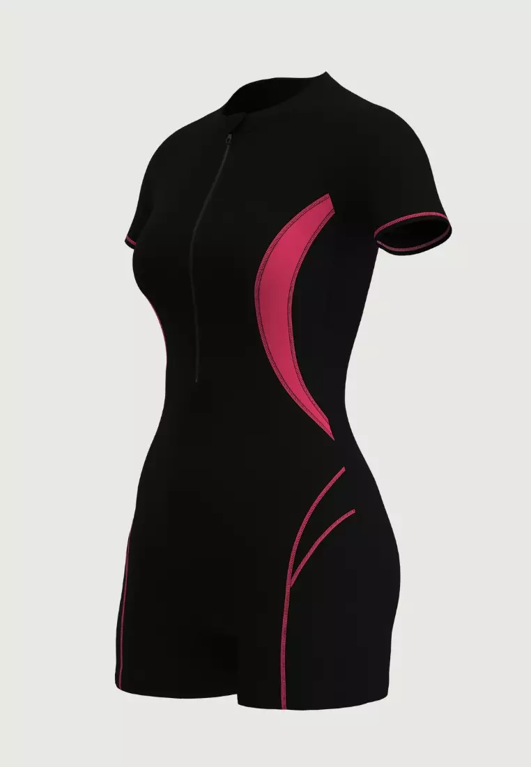 Sports Solid Black Zip Front Short Sleeves Bodysuit