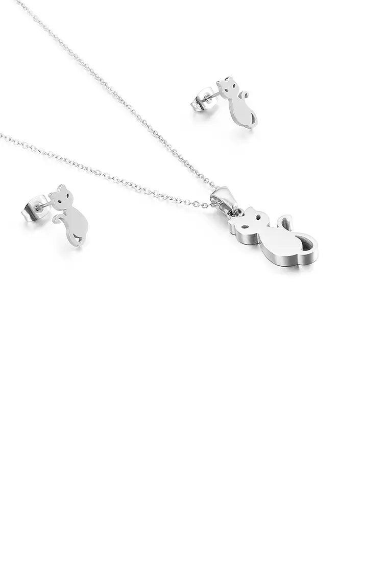 Simple and Cute Cat 316L Stainless Steel Necklace and Stud Earrings Set