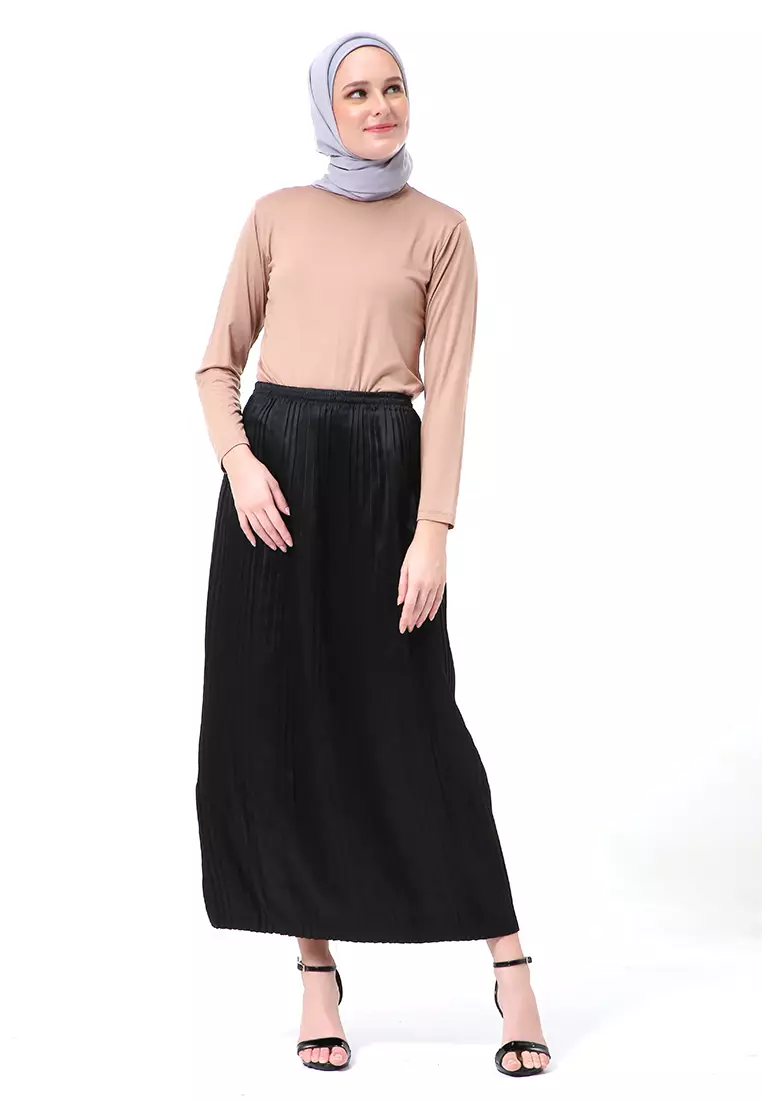 Angely Rok Plisket Rubbery Waist Fashion Wanita Simple - Hitam