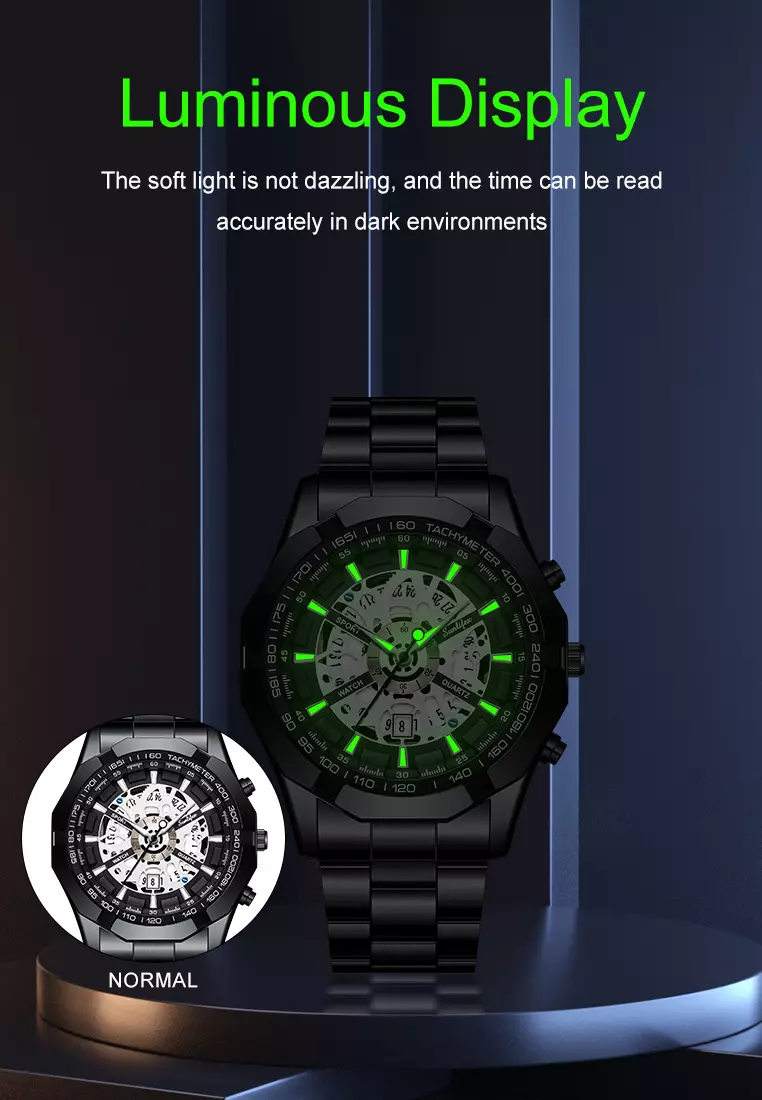 Jam Tangan Pria Original Calendar Luxury Bisnis Tali Stainless Steel Jam Tangan Cowok 9096 allblack