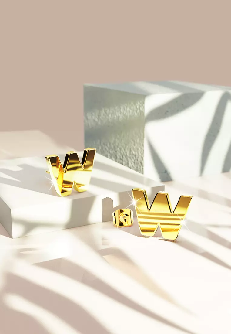 Bold Alphabet Letter Initial Charm Earrings in Gold Tone - W