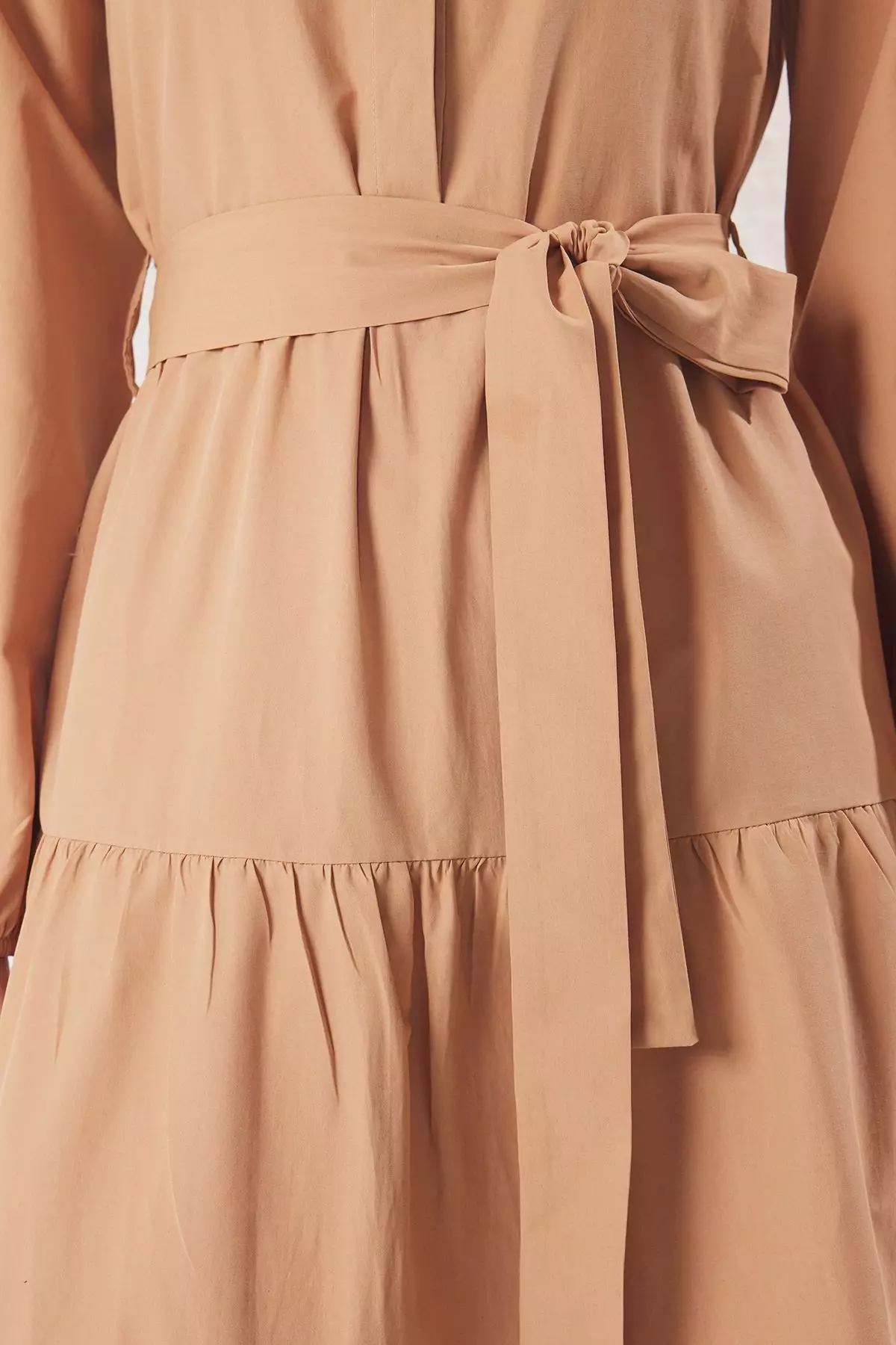 Beige Belted Judge Collar with Button Detail Woven Dress TCTSS21EL3343