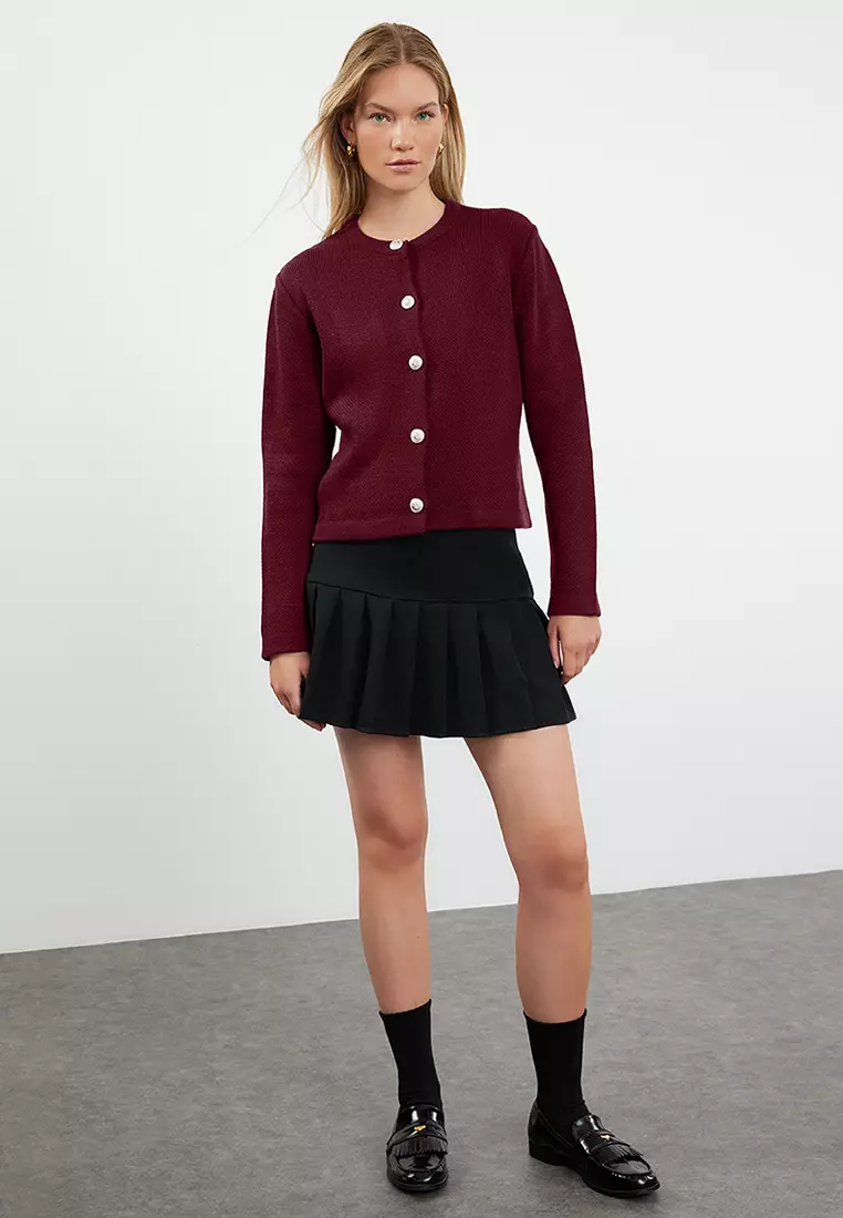 Burgundy Basic Jacket-Look Knitwear Cardigan