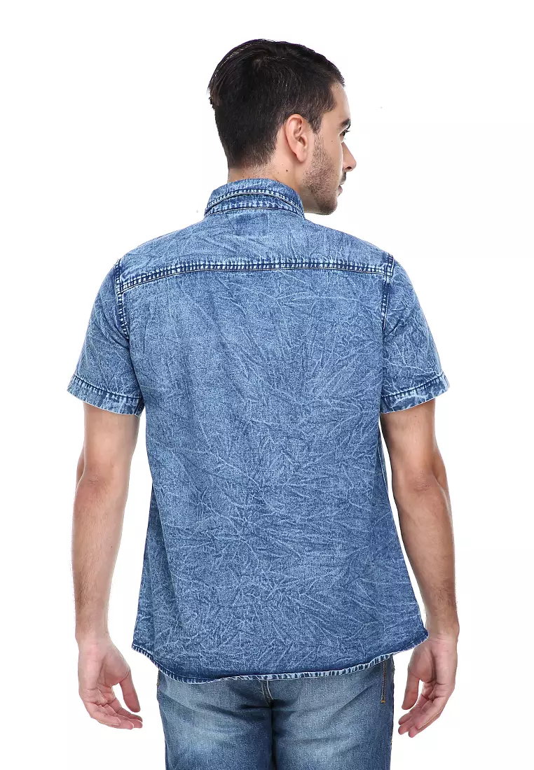 Dwan Shirts Kemeja Jeans Sandwash Kasual Model Slim Fit Material Denim ORIGINAL - Light Blue