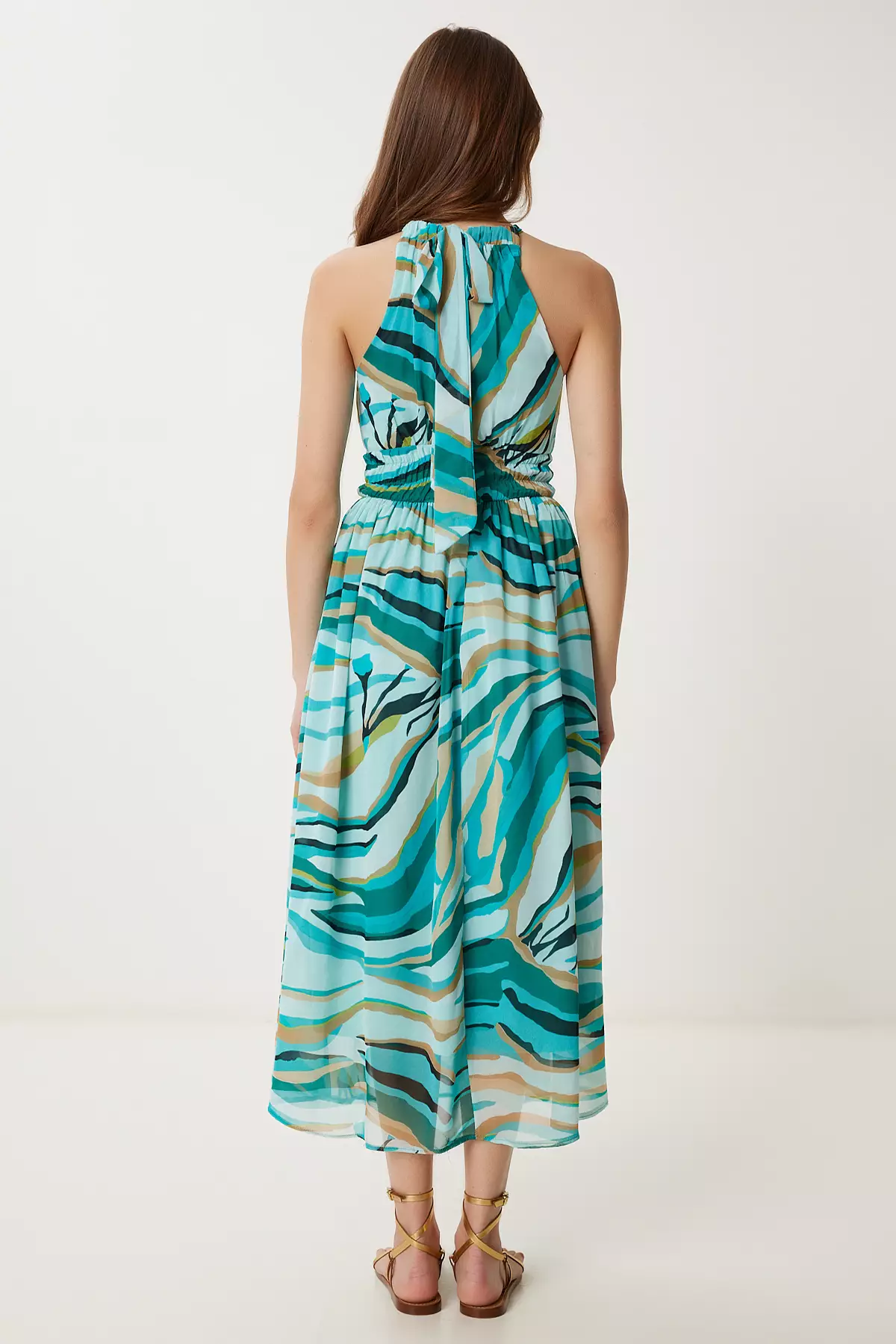 Women's Green Beige Patterned Flounced Midi Chiffon Dress Fg00029