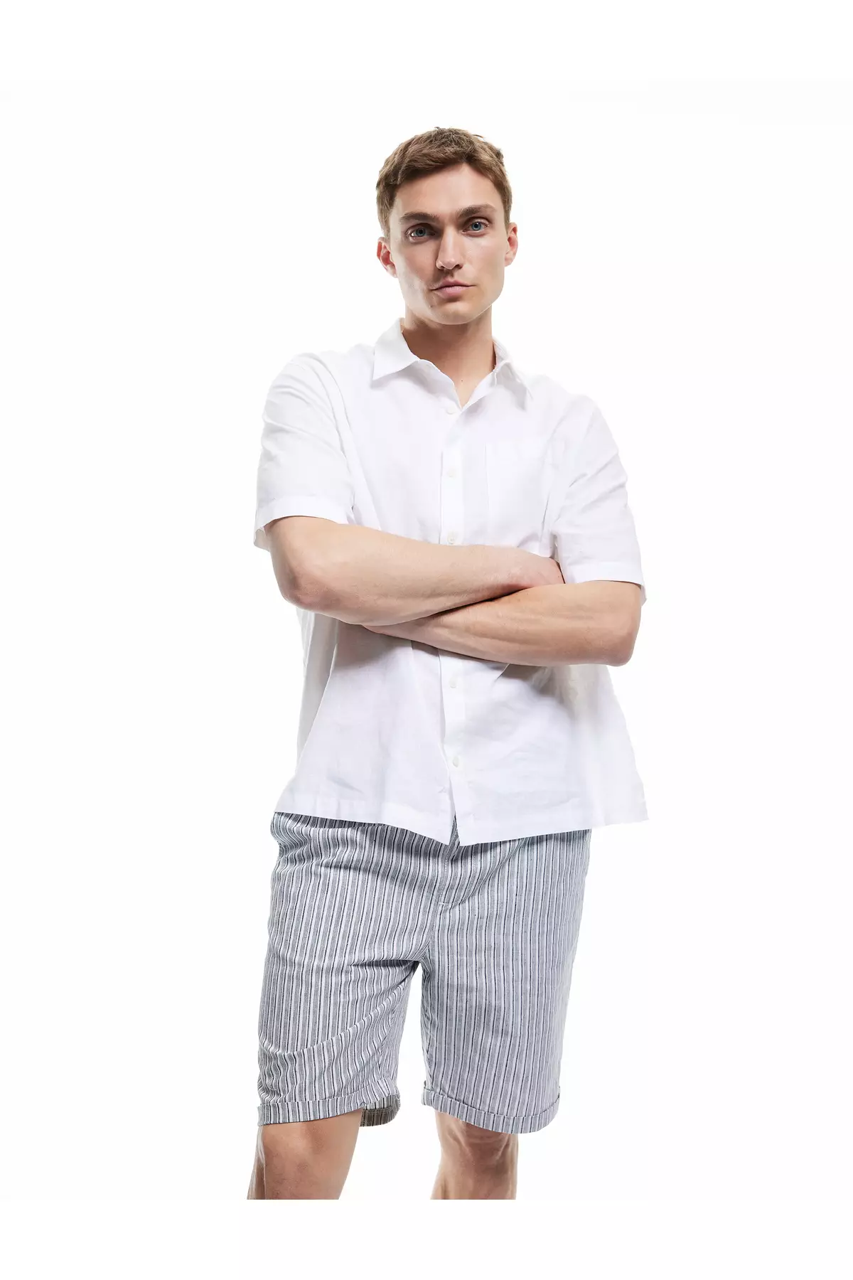 Folded Leg Linen Cotton Blend Striped Waist Lace Up Bermuda Shorts