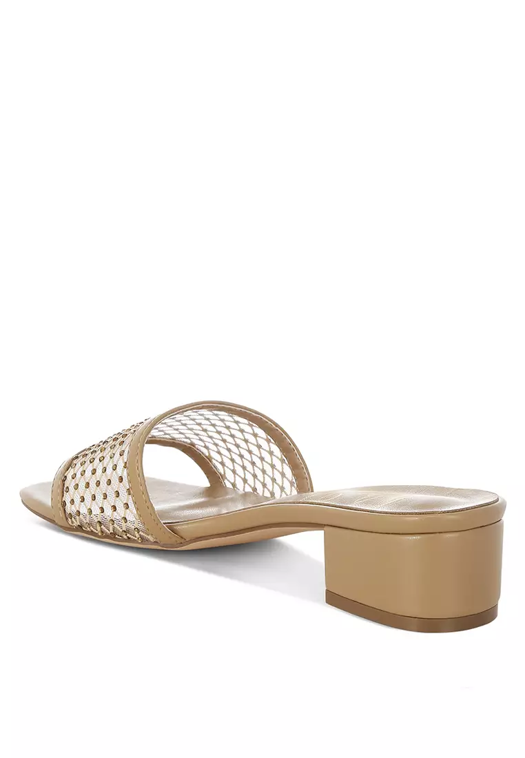 Rhinestone Studded Slip-On Heels In Beige