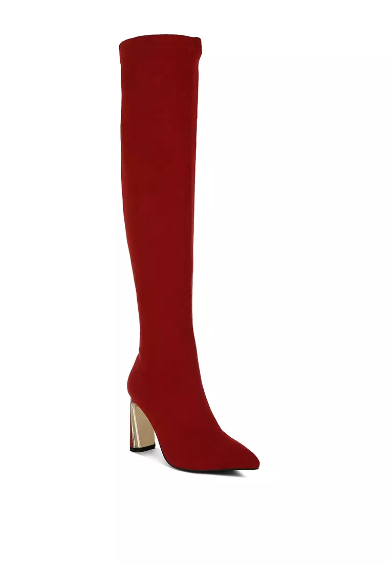 Red Slim Block Heel Long Boots