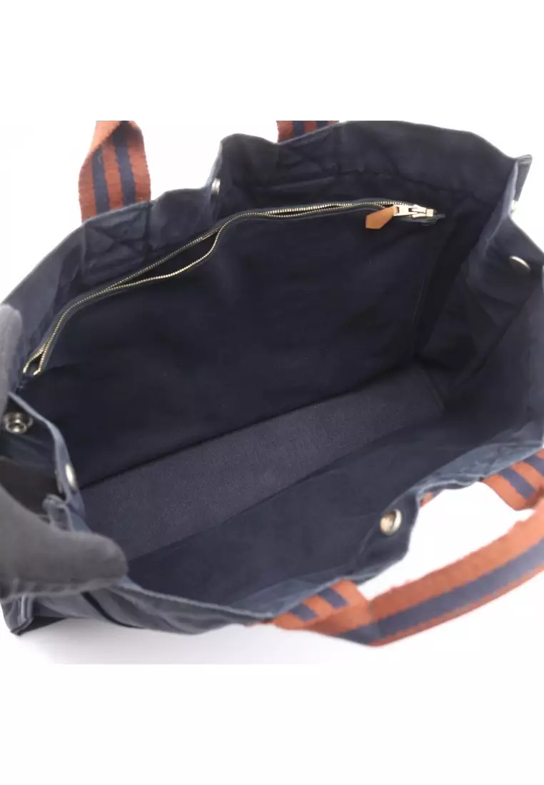 Pre-Loved Hermès Fool toe MM Handbag tote bag canvas Dark navy Brown silver hardware